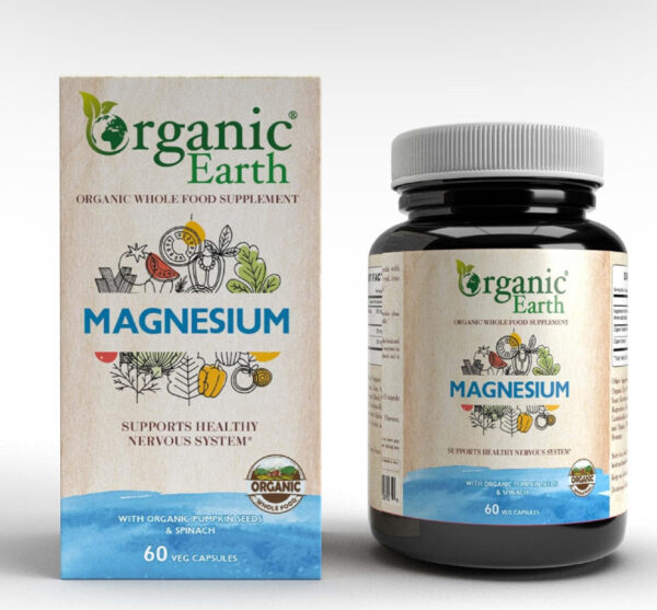 Organic Earth Plant Based Magnesium I Support Healthy Heart, Bone Health and Muscle Relaxation I Vegan, Gluten Free, Clean Nutrition I 60 Capsules