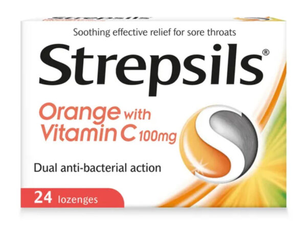 Strepsils Orange With Vitamin C, Dual Anti-Bacterial Action For Fast Effective Relief From Sore Throats, Pack of 24's