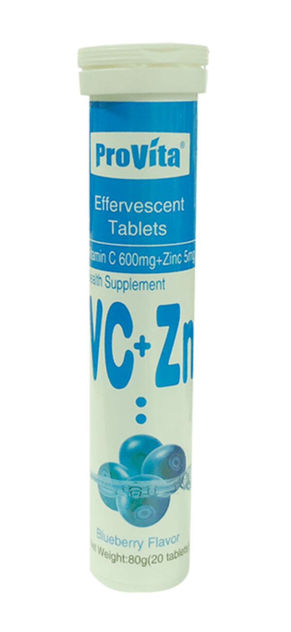 Provita Effervescent Tablets Vitamin C 600mg, zinc 5mg Health Supplement Tablet, Blueberry flavor, 80gm