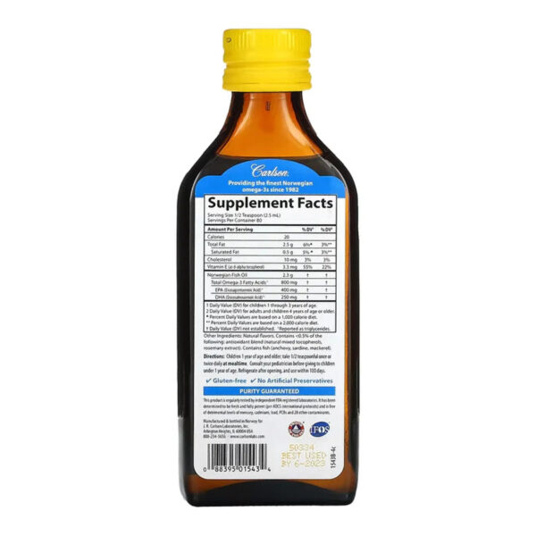 Carlson The Very Finest Fish Oil 1600 mg Omega-3s, Natural Lemon Flavour Norwegian - 200 ml